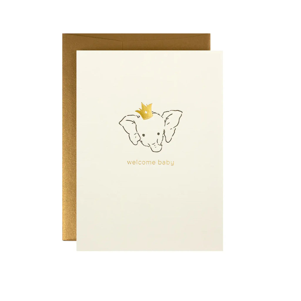 handmade paper cards with soy ink letterpress on recycled cotton paper that reads "welcome baby" with an elephant.