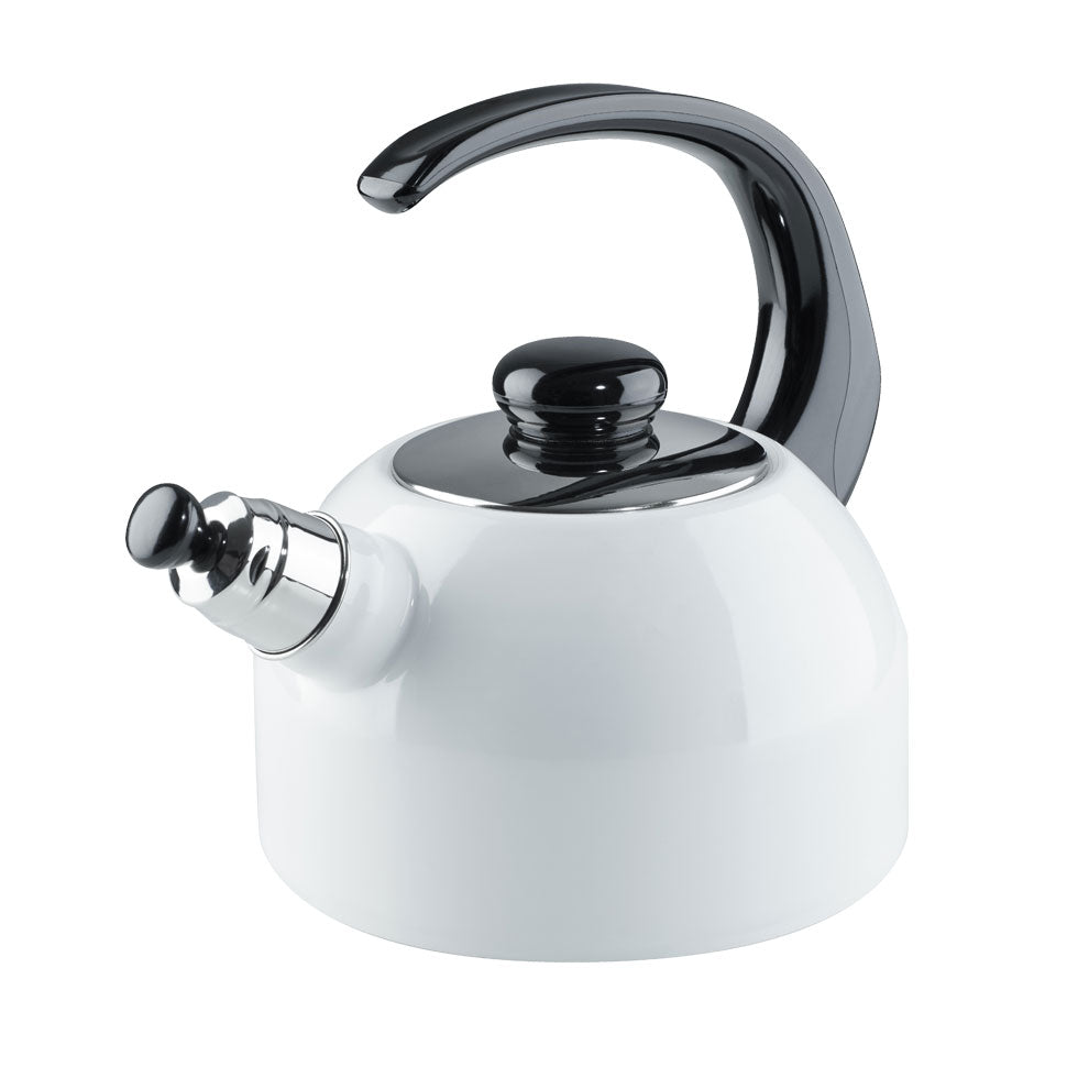 A white enamel porcelain whistling kettle with a black plastic handle and a chrome lid with a plastic knob.