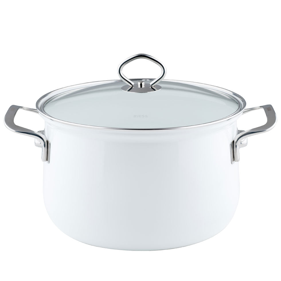 White Riess Enamel Porcelain Stewpot with Glass Lid