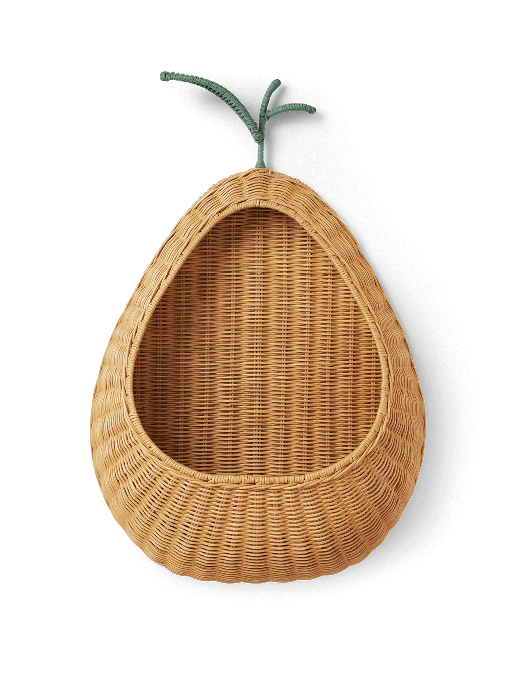 braided rattan wall pocket, whimsically shaped like a pear