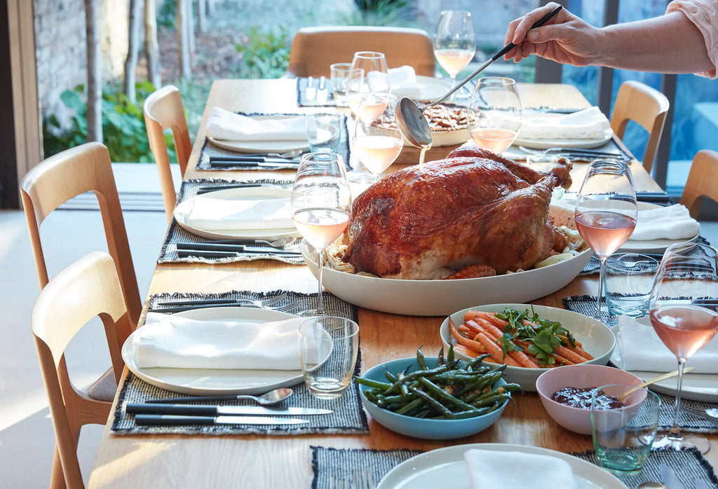 large porcelain platter with turkey and sides