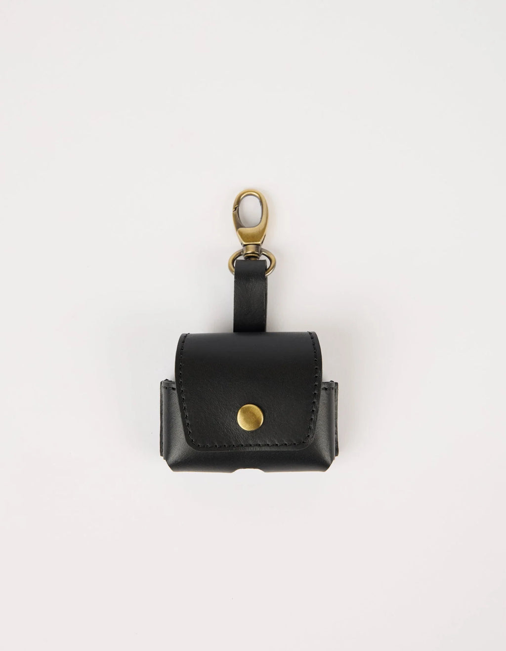 Black leather air pod case with gold accents on a white background