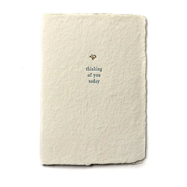 handmade paper cards with soy ink letterpress on recycled cotton paper that reads "thinking of you today."