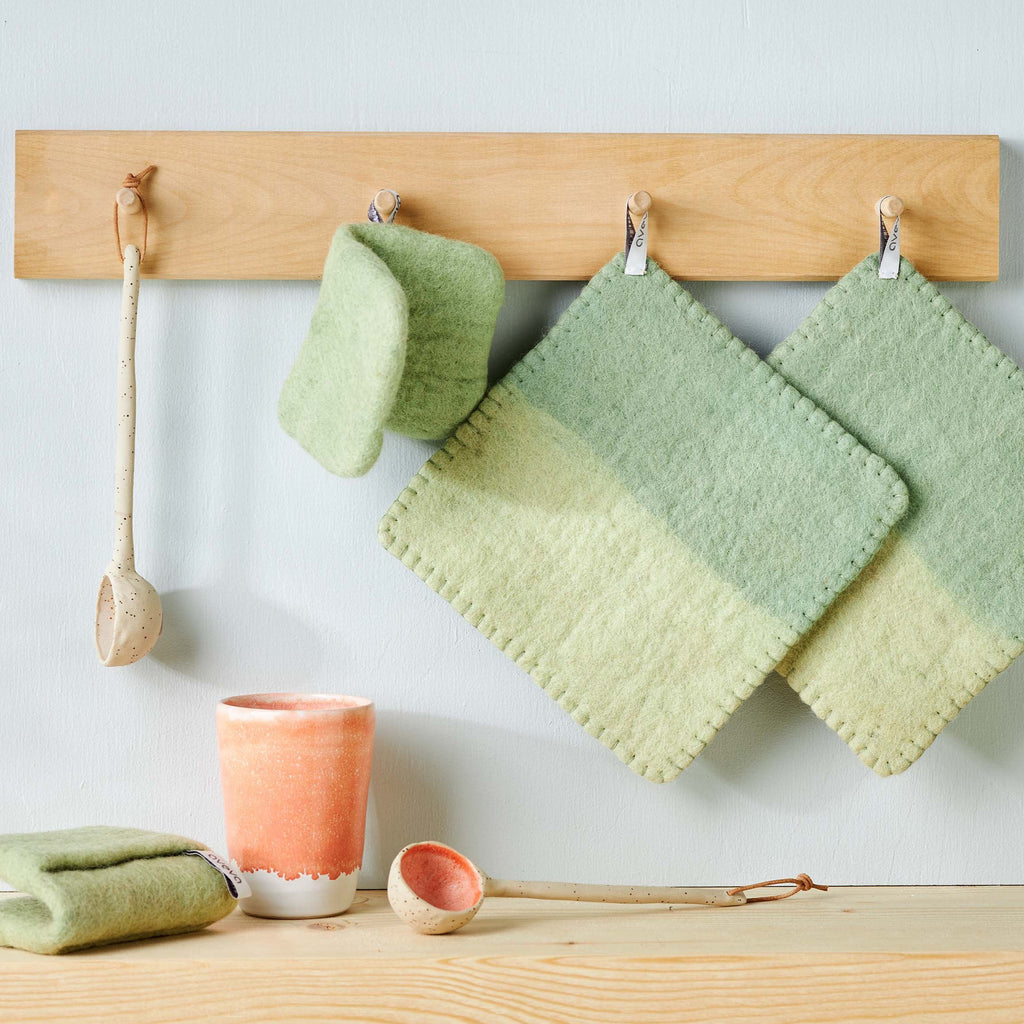 Avocado colored 100% wool potholder