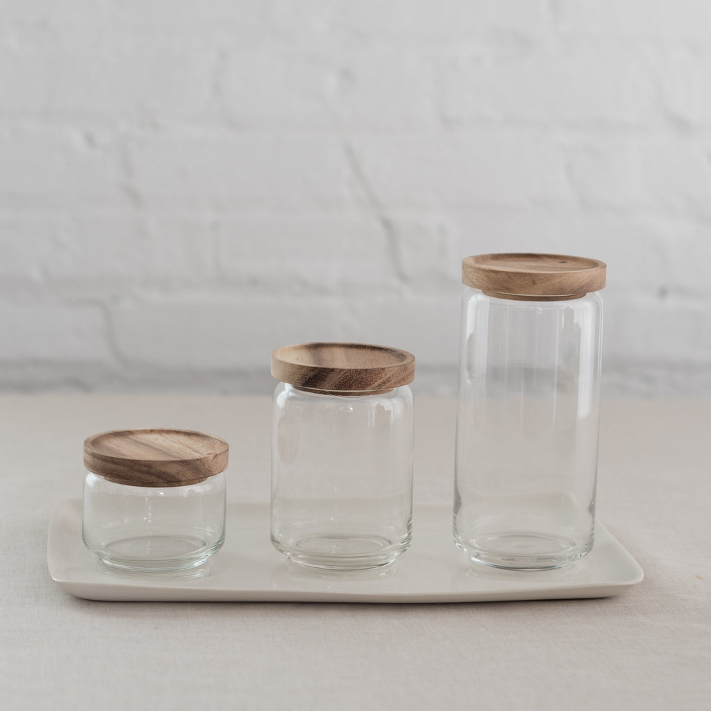 acacia wood top glass jars - glass storage jars with wood top- behome glass containers - glass storage jars