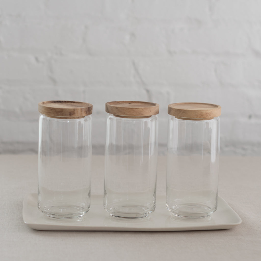 acacia wood top glass jars - glass storage jars with wood top- behome glass containers - glass storage jars