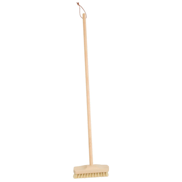 Broom with a wooden handle and bristle head on a white background