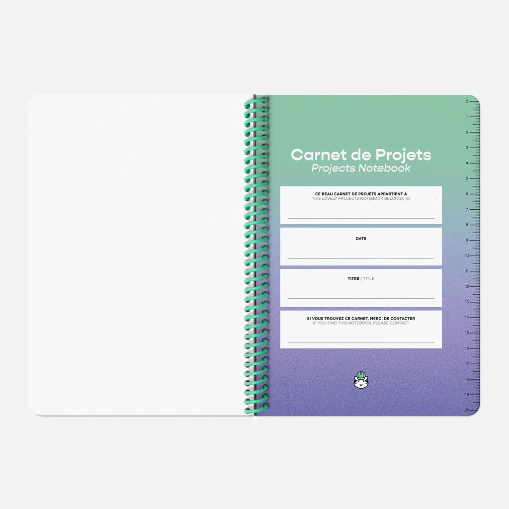 Projects notebook with gradient cover from green to purple on a white background