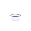 White bowl with blue rim on a white background