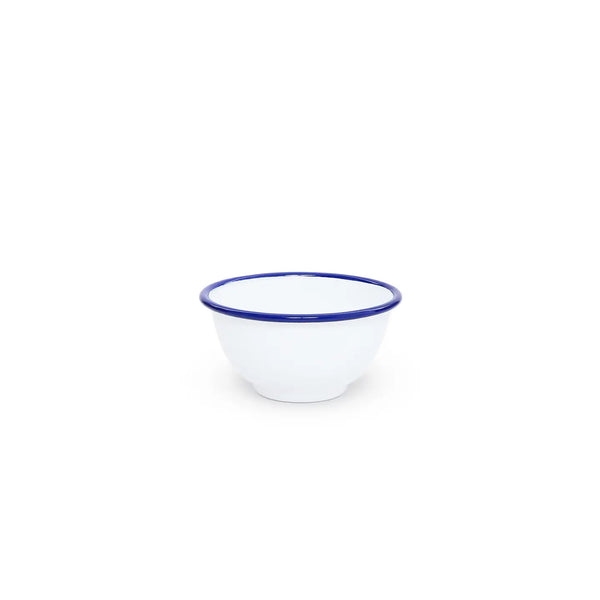 White bowl with blue rim on a white background