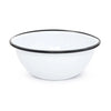 White enamel bowl with black rim on a white background