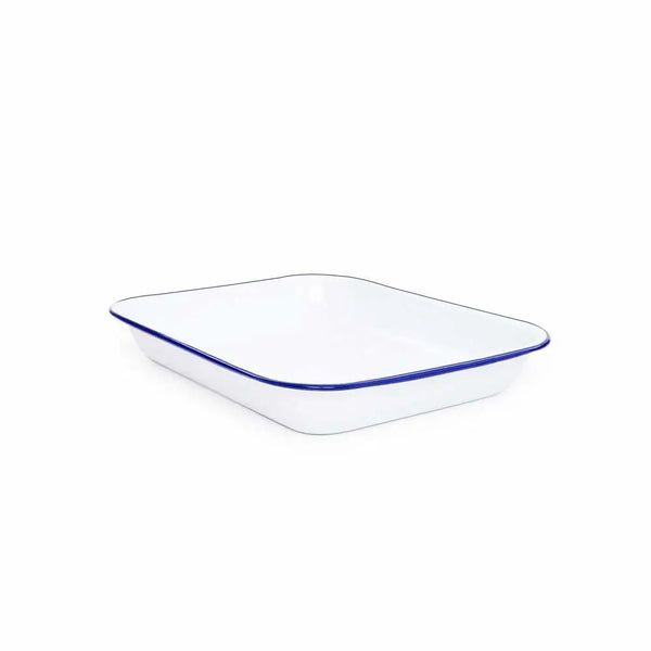 Rectangular enamel dish with blue rim on a white background