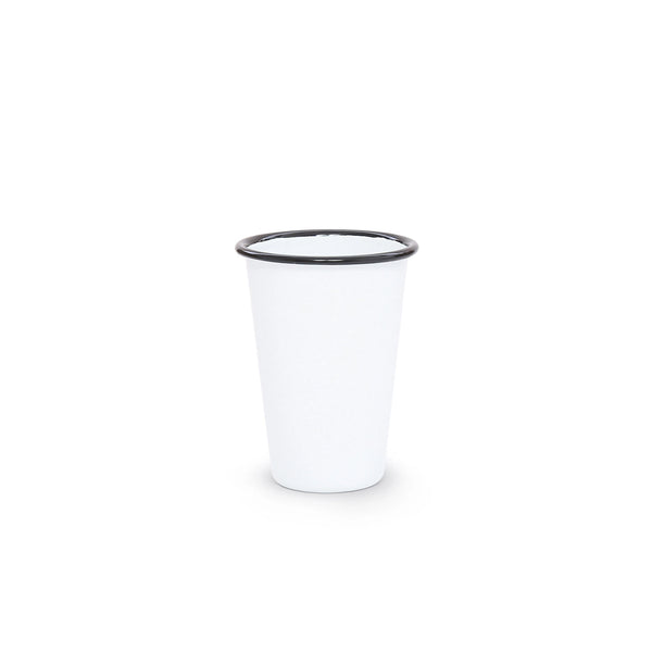 White tumbler with black rim on a white background
