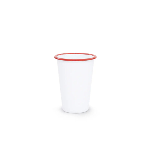 White cup with a red rim on a white background