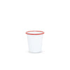 White cup with red rim on a white background