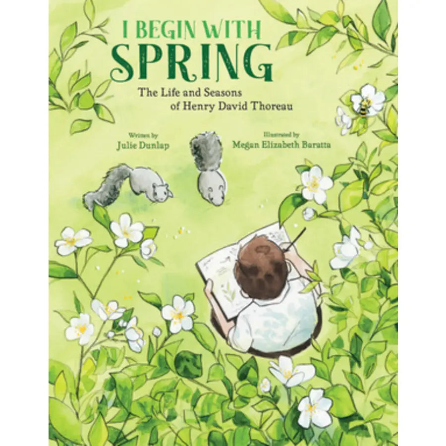 Book cover of 'I Begin with Spring' featuring illustrations of a child and animals among flowers and leaves.