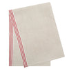A folded beige linen tea towel with two red stripes along one edge, shown on a plain white background.