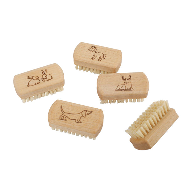 Set of wooden nail brushes with animal illustrations on a white background