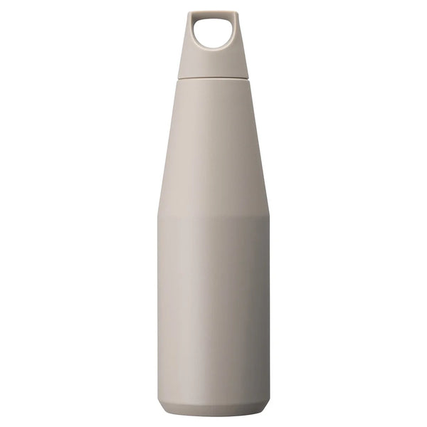Beige water bottle with a handle on a white background