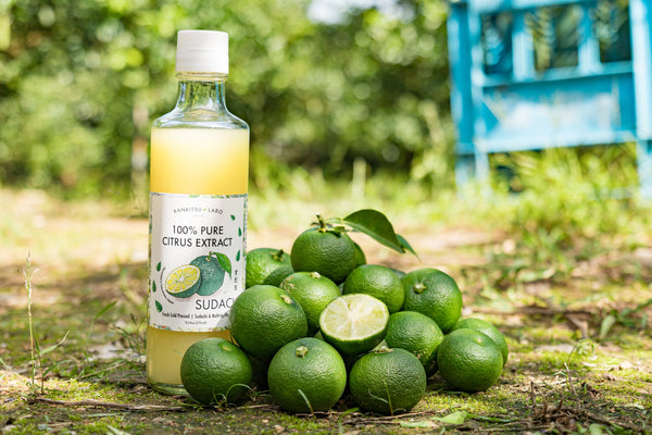 Bottle of 100% pure citrus extract with limes on a grassy background