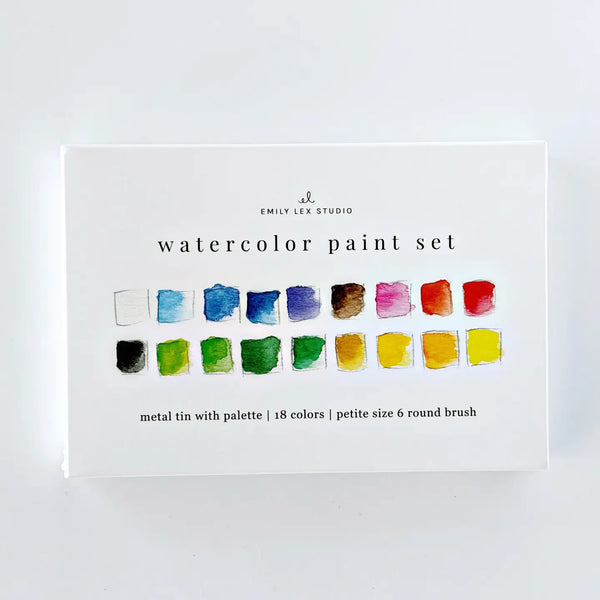 Watercolor paint set with color swatches on a white background
