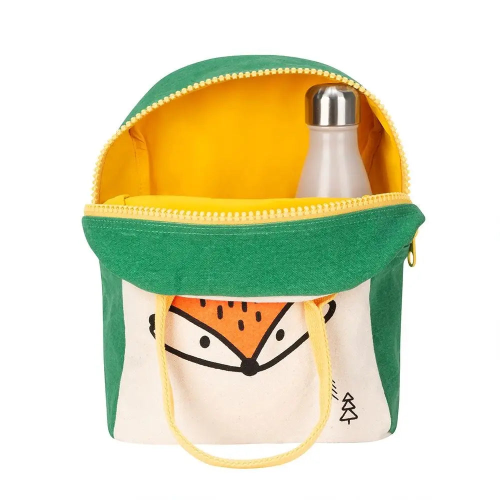 Green and yellow bag with a fox face design, containing a silver water bottle.