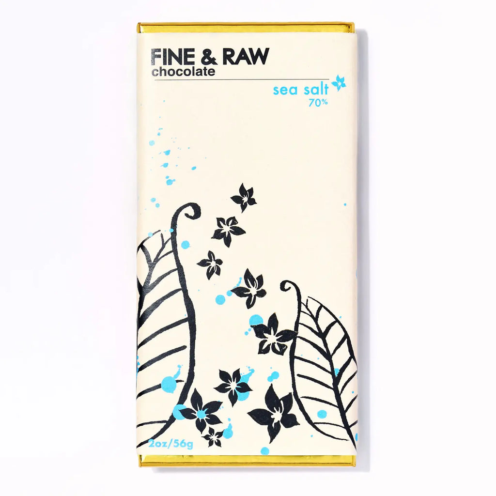 Fine & Raw chocolate bar packaging with floral design on a white background
