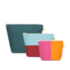 Three colorful pouches with zipper closures on a white background
