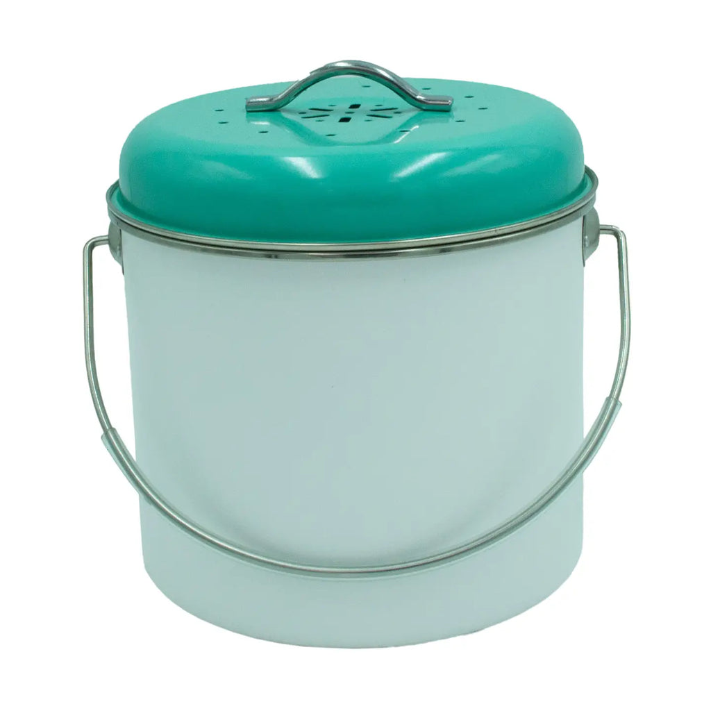 Turquoise metal canister with a white interior on a white background