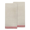 Two beige linen kitchen towels with red striped borders, stacked on a plain white background.