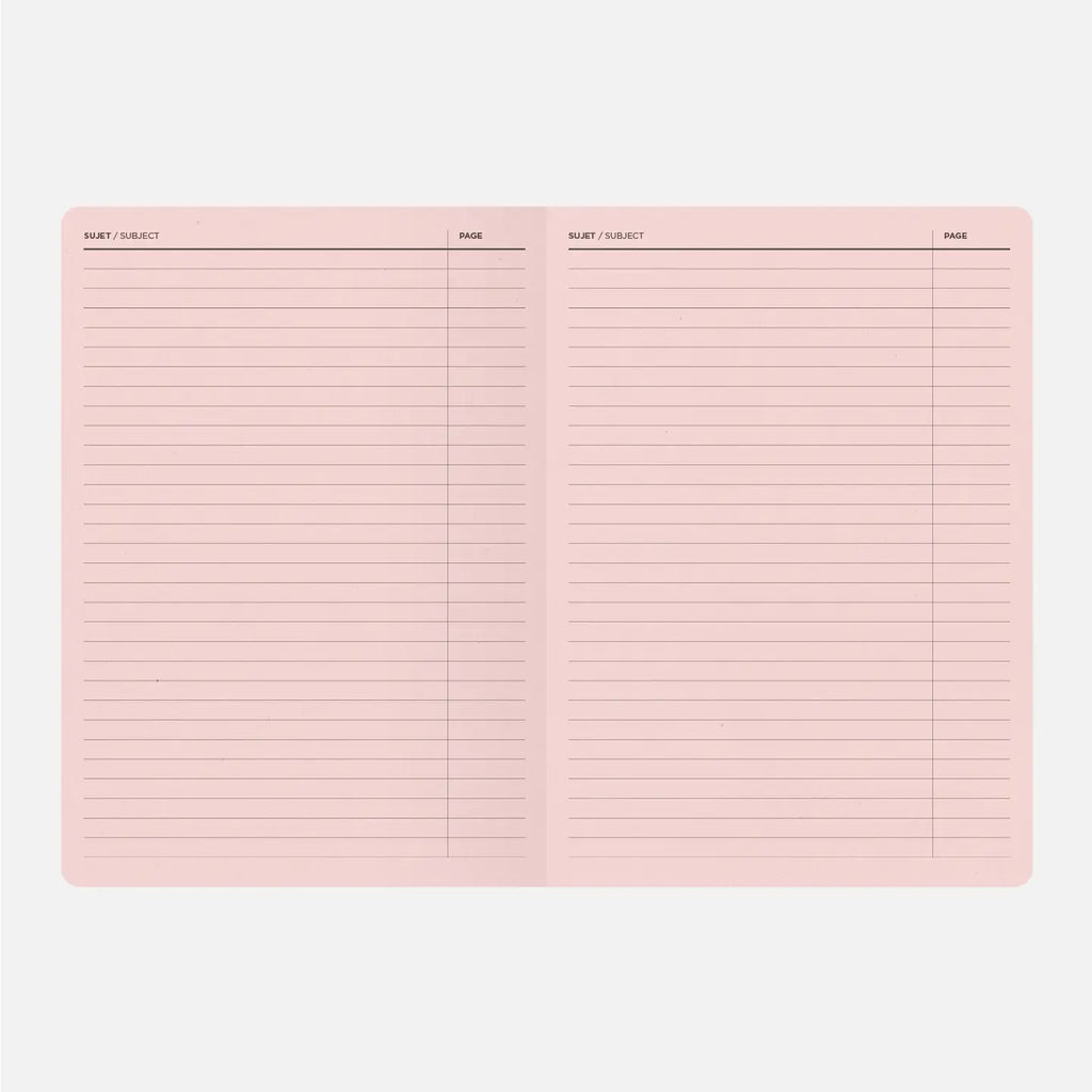 Pink notebook page with ruled lines on a white background