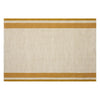 A rectangular woven tea towel with a natural beige linen-like center and two horizontal mustard yellow stripes near the top and bottom borders, shown flat against a white background.