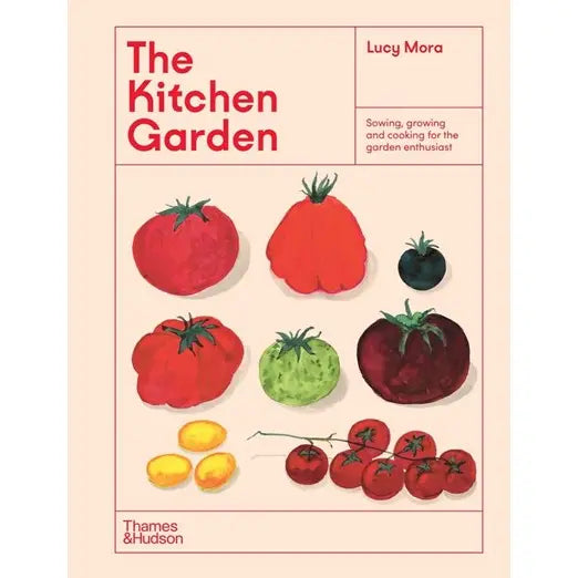 Book cover of 'The Kitchen Garden' by Lucy Mora with illustrations of tomatoes and other vegetables on a beige background.