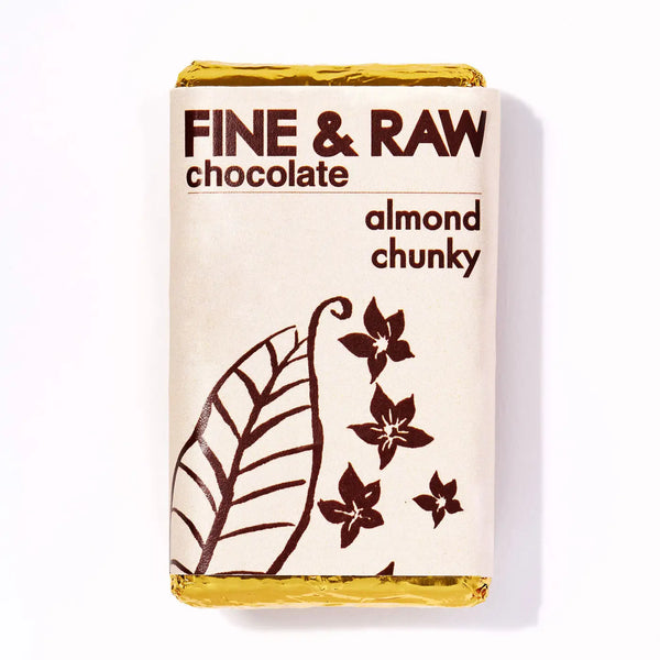Fine & Raw chocolate bar with almond chunky flavor on a white background