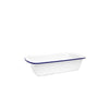 White enamel loaf pan with blue rim on a white background