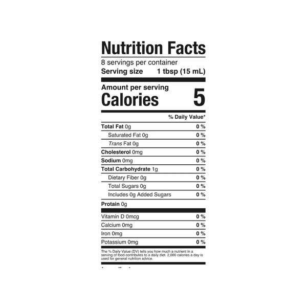 Nutrition facts label for a product with 5 calories per serving