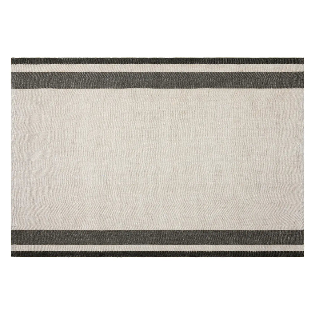 A rectangular woven tea towel with a wide off-white center and two dark charcoal gray horizontal stripes near the top and bottom edges, shown flat against a white background.