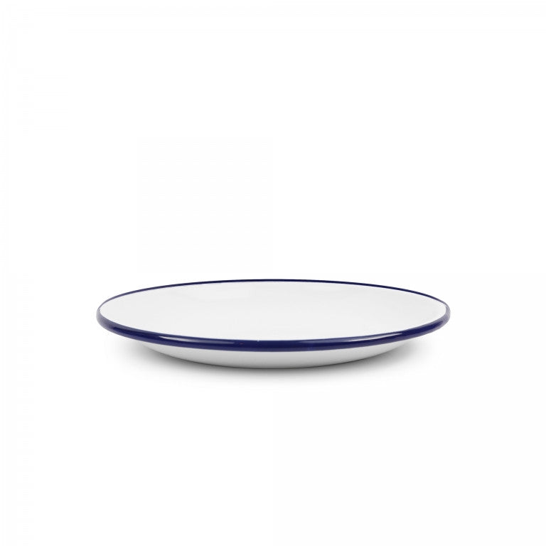 White plate with a blue rim on a white background