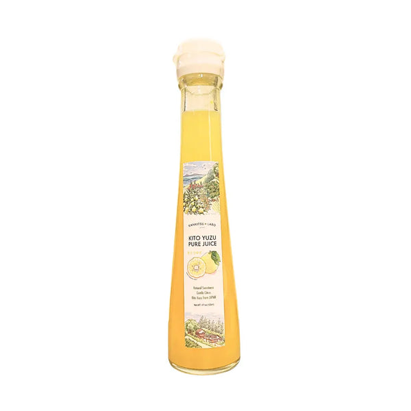 Bottle of Kito Yuzu Pure Juice on a white background