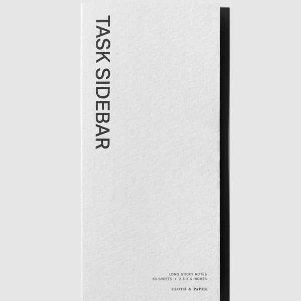 A single long sticky note card labeled 'TASK SIDEBAR' in black text on a white textured paper cover, shown against a light gray background.