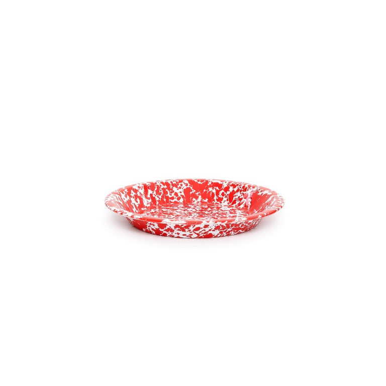 Red and white enamel pie dish on a white background