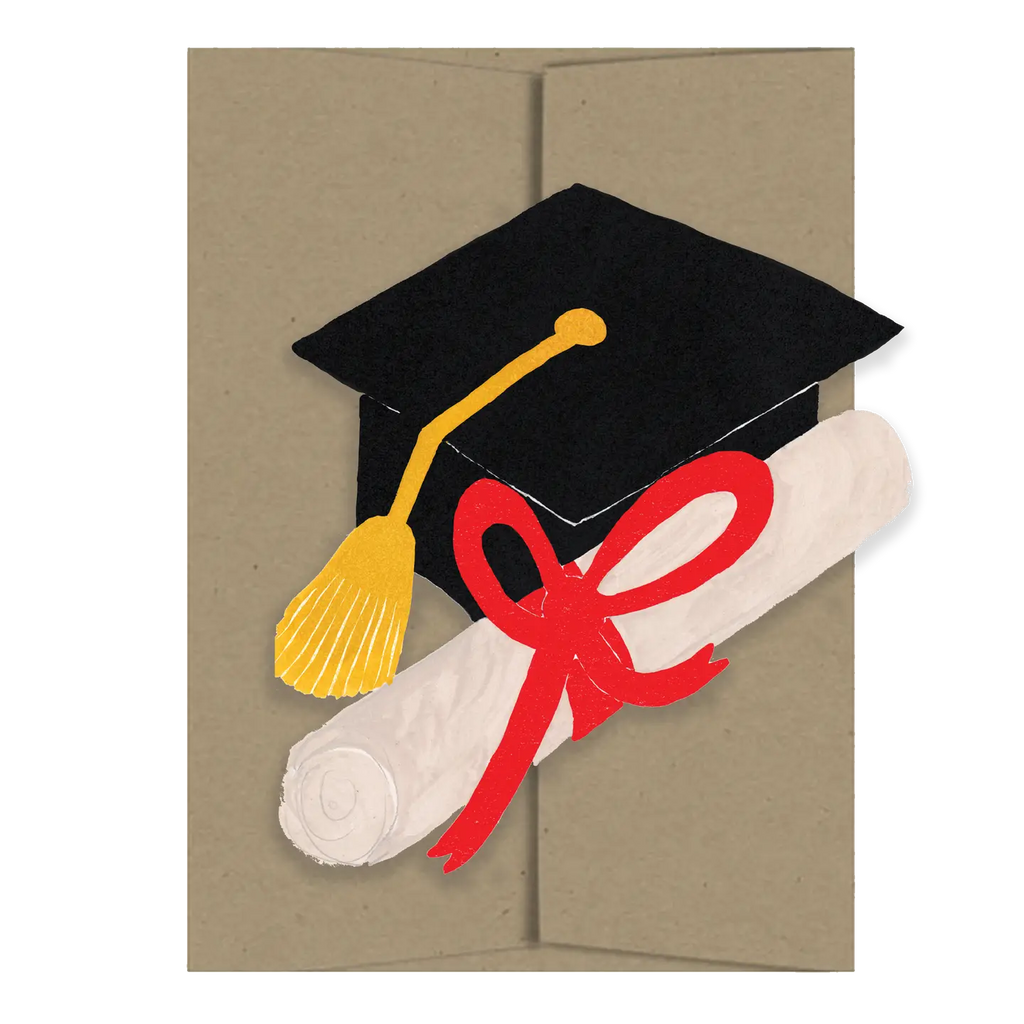 Graduation cap and diploma with red ribbon on a brown card