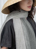 Person wearing a wide-brimmed hat and gray scarf against a white background