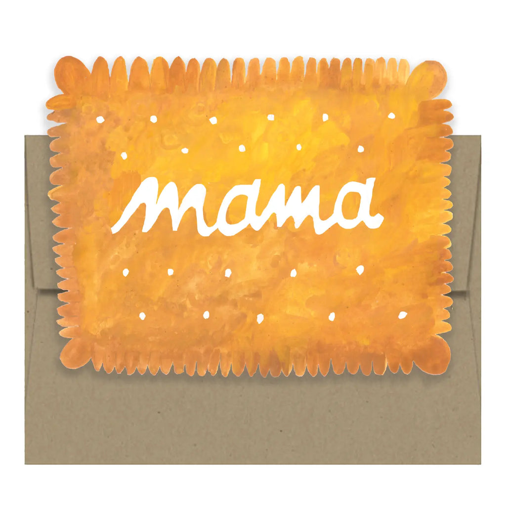 Yellow textured card with 'mama' text on a beige envelope