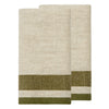 Two folded woven towels in a natural beige color with a horizontal olive green and cream stripe pattern near the bottom, displayed on a solid white background.