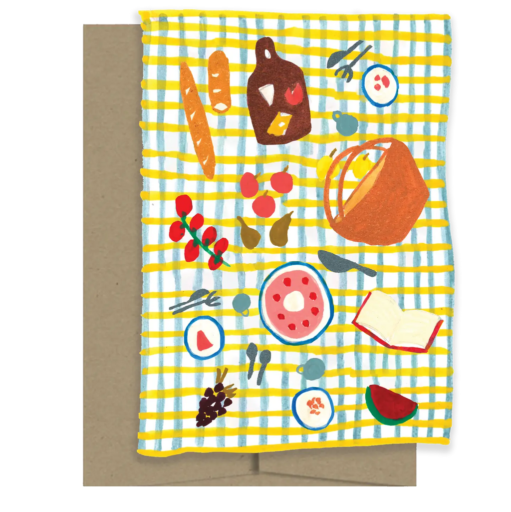 Greeting card with picnic-themed illustrations on a yellow and blue striped background
