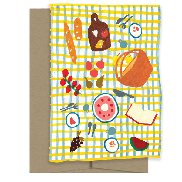 Greeting card with picnic-themed illustrations on a yellow and blue striped background