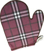 A polishing mitt with a burgundy and pink plaid pattern, featuring a brown trim and a silver metal handle on the bottom right, set against a plain white background.