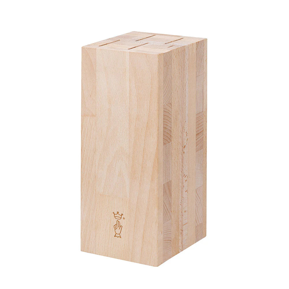 Wooden knife block with a brand logo on a white background