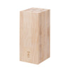 Wooden knife block with a brand logo on a white background